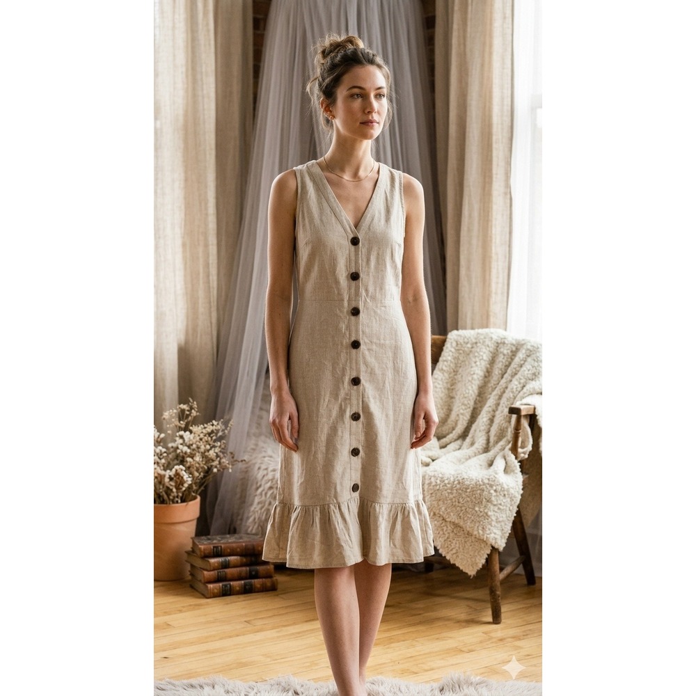 Clean Girl Oatmeal Linen Blend Midi Dress Party Resortwear Vaca Size S Summer